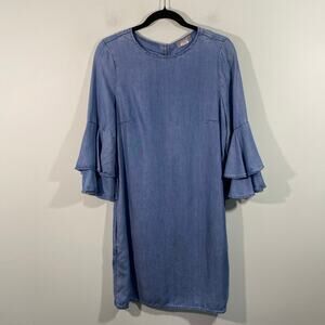 Zoe Women Blue Chambray Quarter Bell Sleeves Boatneck Shift Dress Size XS